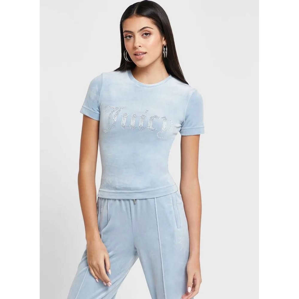 Juicy Couture Sleep Shirt Women Medium Blue Velour Rhinestone Logo Y2K Tee